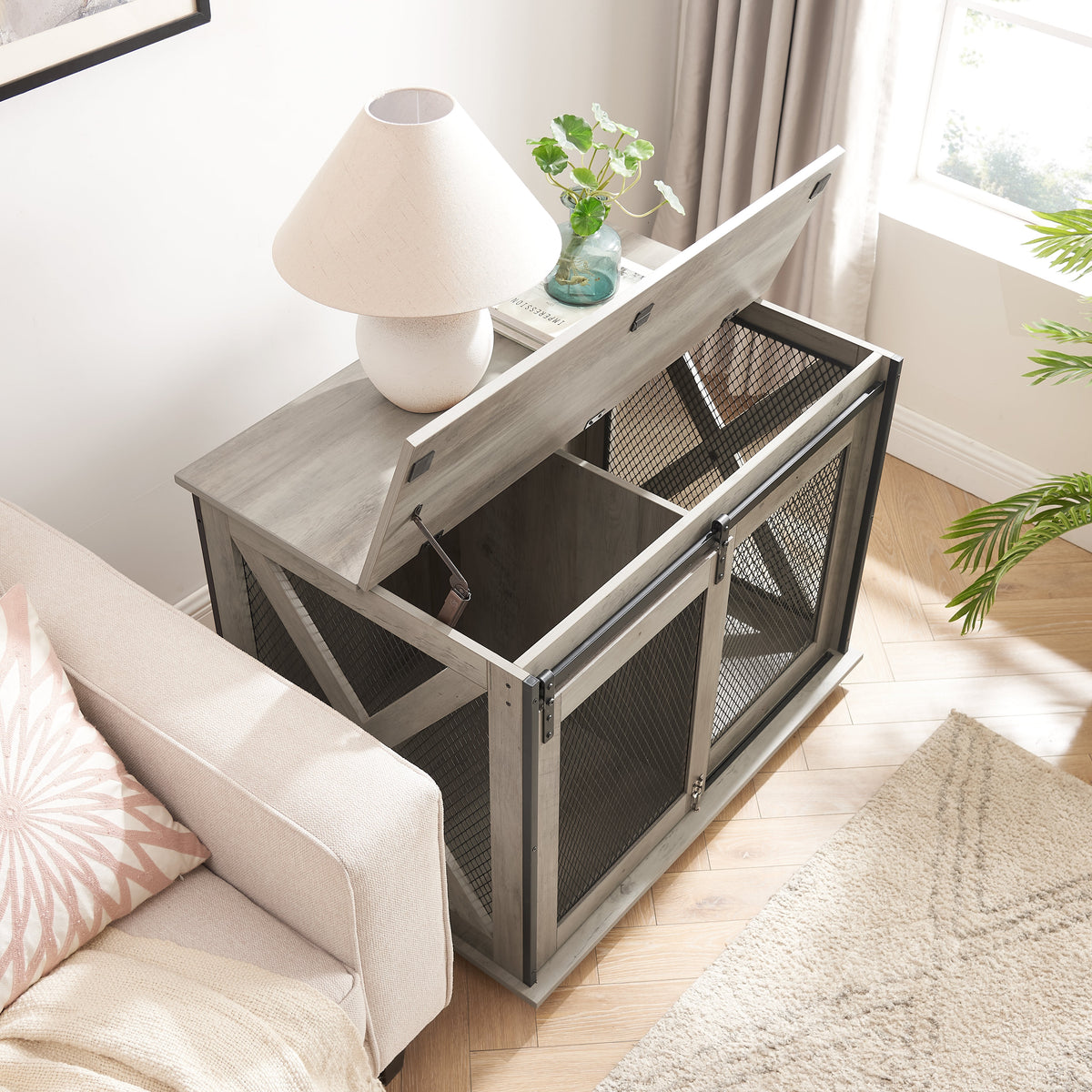 Farmhouse Dog Cage Crate Furniture with Sliding Barn Door, Farmhouse Wooden Dog Kennel End Table with Flip-top Plate Dog House