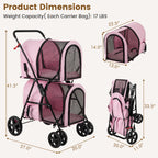 4-in-1 Double Pet Stroller with Detachable Carrier and Travel Carriage