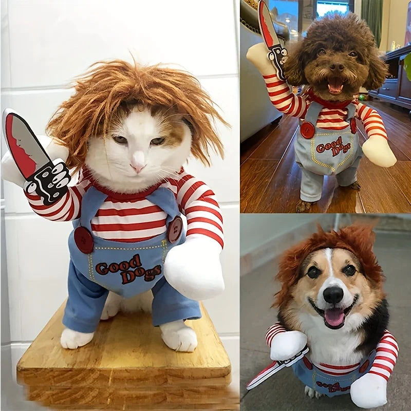 Halloween Pet Dog Clothes Transformed Pet Apparel and Wig for Holiday Party Pet Supplies Funny Bloody Doll With Knife Dog Costum