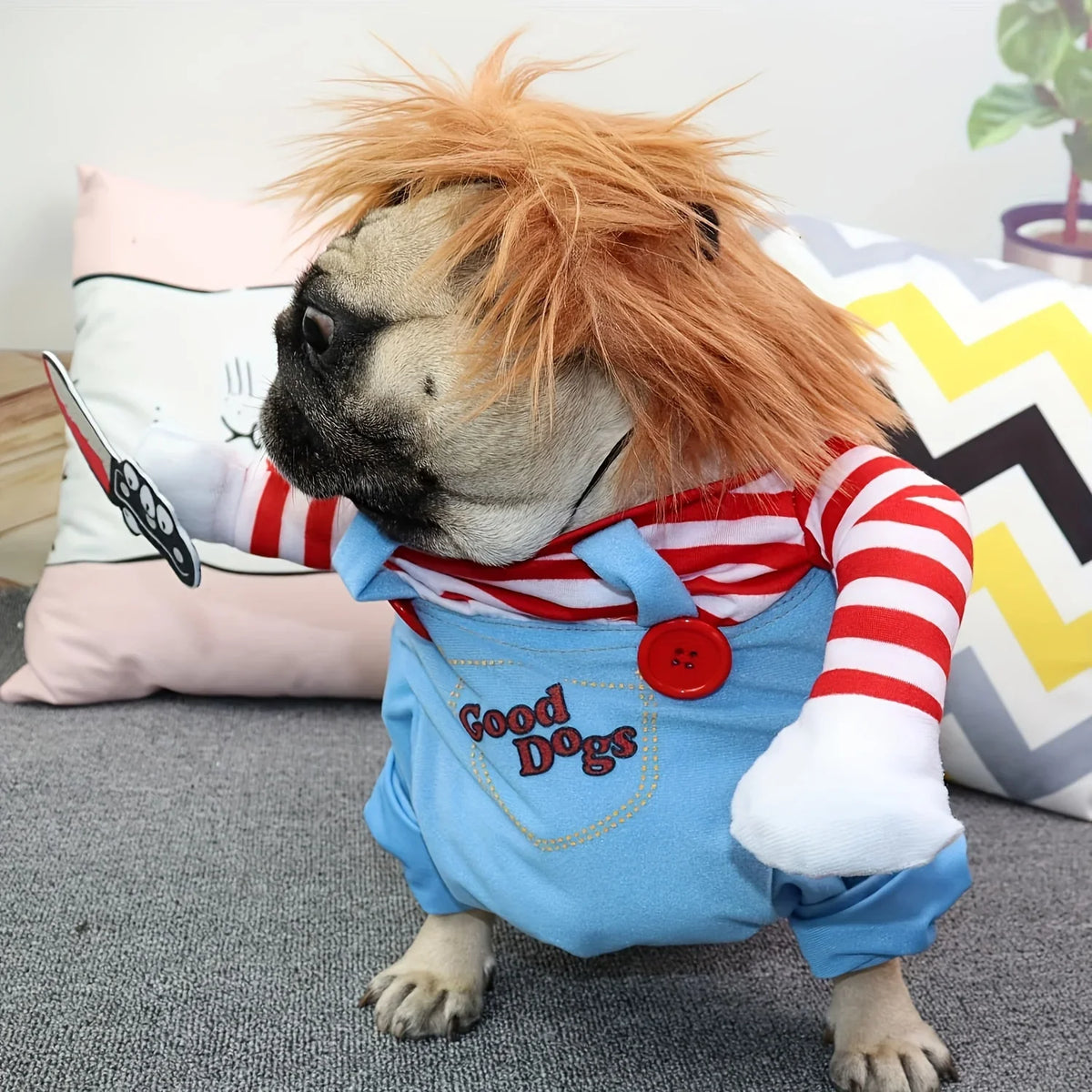 Halloween Pet Dog Clothes Transformed Pet Apparel and Wig for Holiday Party Pet Supplies Funny Bloody Doll With Knife Dog Costum