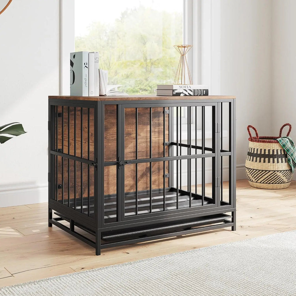 Dog Crate Furniture,Wooden Dog Kennel Indoor,Heavy Duty Dog Cage with Removable Tray, Dog House Double Doors Pet Crate Side